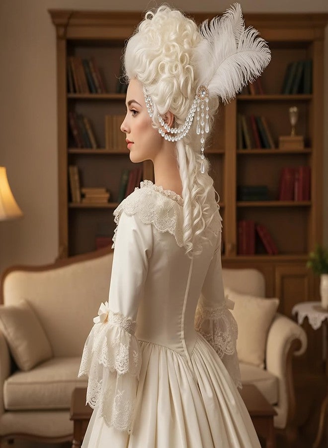 Suncalla 2 Pcs Women Victorian Hair Accessories Includes Ostrich Feather and Pearl Tassel Barrette Clip for 18th Century Renaissance Queen Blonde Beehive Cosplay Decor(White) - Image 4